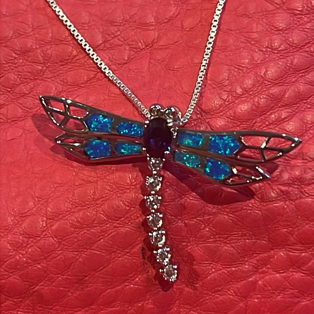 Dragonfly Fire Opal Blue Topaz CZ Silver Necklace